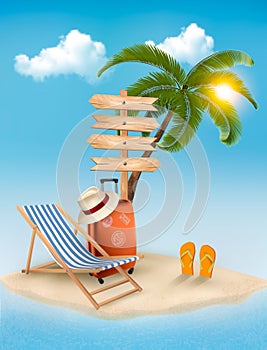 Beach with a palm tree, a direction sign and a beach chair. Summer vacation concept background. Vector.