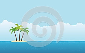 Beach with palm tree on little island and blue sky background in flat icon design