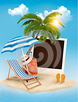 Beach with a palm tree, a photograph and a beach chair. Summer v