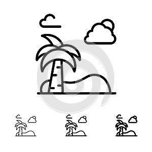 Beach, Palm, Tree, Spring Bold and thin black line icon set