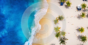 Beach with palm trees and ocean as a background from top view. Azure water background from top view. Summer seascape from air.