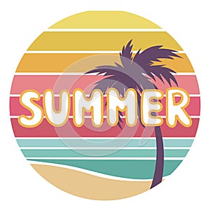 Beach with palm trees for a print on a tee. Vector illustration of a beach with the inscription Summer. Lettering and