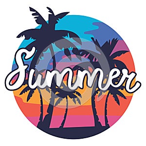 Beach with palm trees for a print on a tee. Vector illustration of a beach with the inscription Summer. Lettering and
