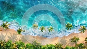 Beach palm trees on the sunny sandy beach and turquoise ocean from above. Amazing summer nature landscape