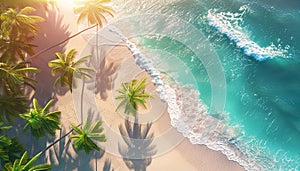 Beach palm trees on the sunny sandy beach and turquoise ocean from above. Amazing summer nature landscape