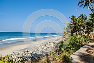 Beach with palm trees in Varkala in India