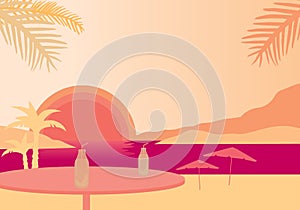 Beach with palms, parasols and with table and fruit drink, under