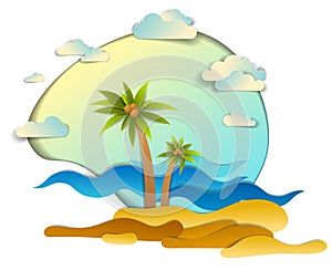 Beach with palms, sea waves perfect seascape,   summer beach holidays theme paper cut style vector illustration