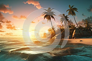 Beach palms sunset sea. Generate Ai