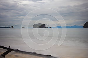 Beach of Pantai Tanjung Rhu on the malaysia island Langkawi. Clouds over the bay. Silky water. Silk effect in the water of a beach