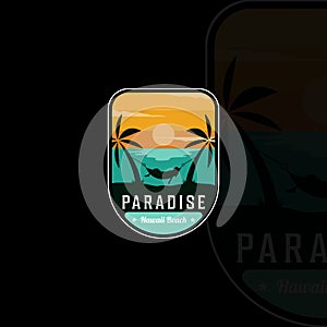 beach or paradise with hammock emblem logo modern vintage vector illustration template icon graphic design. palm or coconut tree