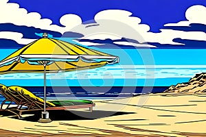 Beach with parasol and lounges by the sea