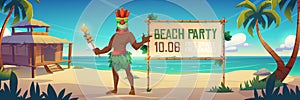 Beach party announcement with Tiki man in mask