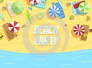 Beach Party Banner Template, Summer Party Invitation Card, Flyer with Tropial Beach and Colorful Parasols Vector photo