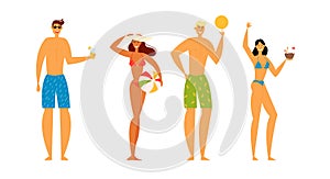 Beach Party Celebration. Group of Happy Young People in Swim Wear on Summer Vacation, Fun Characters Rejoice