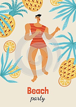 Beach party flyer with dancing man in retro bathing suit