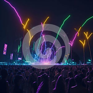 Beach Party, Live Concert Performence, Festival, Night Club Party, Cheering Crowd, Lots of People Silhouette, Neon Color Lights