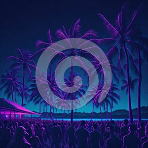 Beach Party, Live Concert Performence, Festival, Night Club Party, Cheering Crowd, Lots of People Silhouette, Neon Color Lights