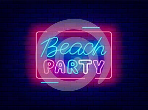 Beach party neon signboard with frame. Night club invitation. Coast event decoration. Led banner. Vector illustration