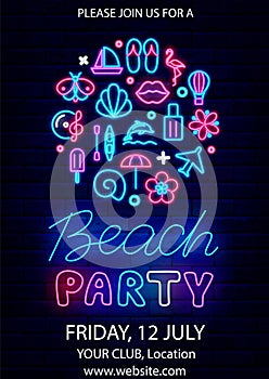 Beach party neon vertical poster. Summer sea event. Shell, dolphin and music. Vector stock illustration