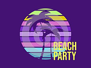 Beach party. Poster with silhouettes of two palm trees on the background of retro sun 80s. Summer time. Design for banners,