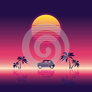 Beach party poster vector illustration template with sunset and palm trees and small car. 80s neon vintage retro style.