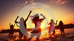 Beach Party. Teenage girls having fun in water. Group of happy young people dancing at the beach on beautiful summer sunset.