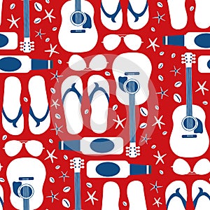 Beach party vector seamless pattern background. Backdrop with acoustic guitars, beer bottles, flip flops, starfish, sun