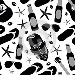 Beach party vector seamless pattern background. Backdrop with male face, acoustic guitars, beer bottles, flip flops
