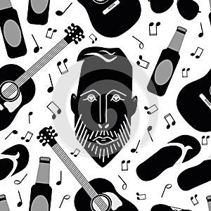 Beach party vector seamless pattern background. Monochrome backdrop with bearded man head, guitar, flip flops, aviator