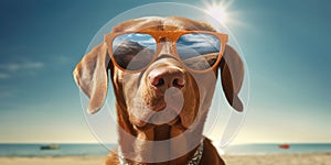 Beach Paws-itivity Cute Labrador Retriever Dog in Sunglasses Strikes a Pose. Generative AI