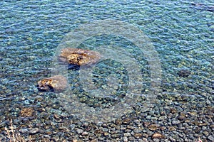 Beach pebbles under clear water