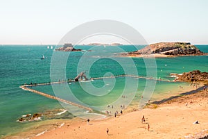 Beach , people and sea open swimming pool in Saint Malo, France
