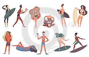 Beach people vector illustration set, cartoon flat man woman swimming in sea, sunbathing, surfer character surfing and