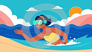 At a beach a person uses a VR headset to swim laps in a virtual ocean timed with the sound of calming waves.. Vector photo