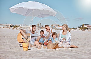 Beach, picnic or happy family love guitar music while bonding or relaxing on summer holiday vacation. Grandfather, dad