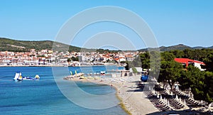 Beach with pines in Vodice, Croatia.