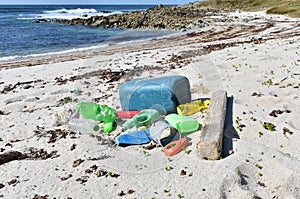 Beach with plastic pollution at famous Rias Baixas Region. Galicia, Spain.