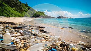 A beach polluted with plastic bags and pollution from the ocean