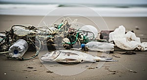 Beach pollution with dead fish and plastic
