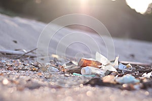 Beach pollution. Plastic bottles and other trash on sea beach. Ecological concept. earth day concept. globe pollution. Garbage on