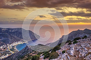 The beach and port Kamares of Sifnos at sunset, Greece