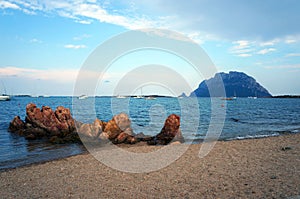 Beach in Porto San Paolo, Sardinia, Italy. View to Tavolara island