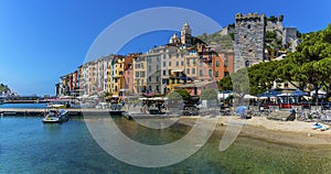 The beach in Porto Venere, Italy back by the colouful houses on the waterfront