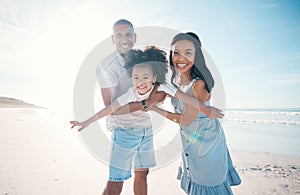 Beach, portrait and parents holding their child on the sand by the ocean on a family vacation. Happy, smile and girl kid