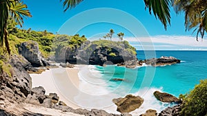 The beach and pristine stretch of coastline, towering cliffs, creating a striking contrast against the azure waters 07