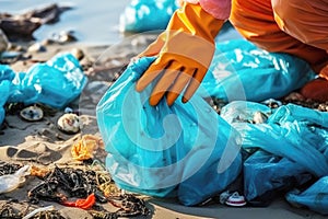 Beach protection: human hands collect trash for a cleaner environment