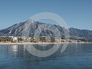 Beach of Puerto Banus with the mountains of Sierra Blanca at background, Marbella, Costa del Sol, Malaga province, Spain