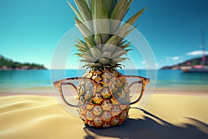 Beach ready fruit Pineapple accessorized with shades by the summer sea