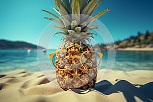 Beach ready fruit Pineapple accessorized with shades by the summer sea